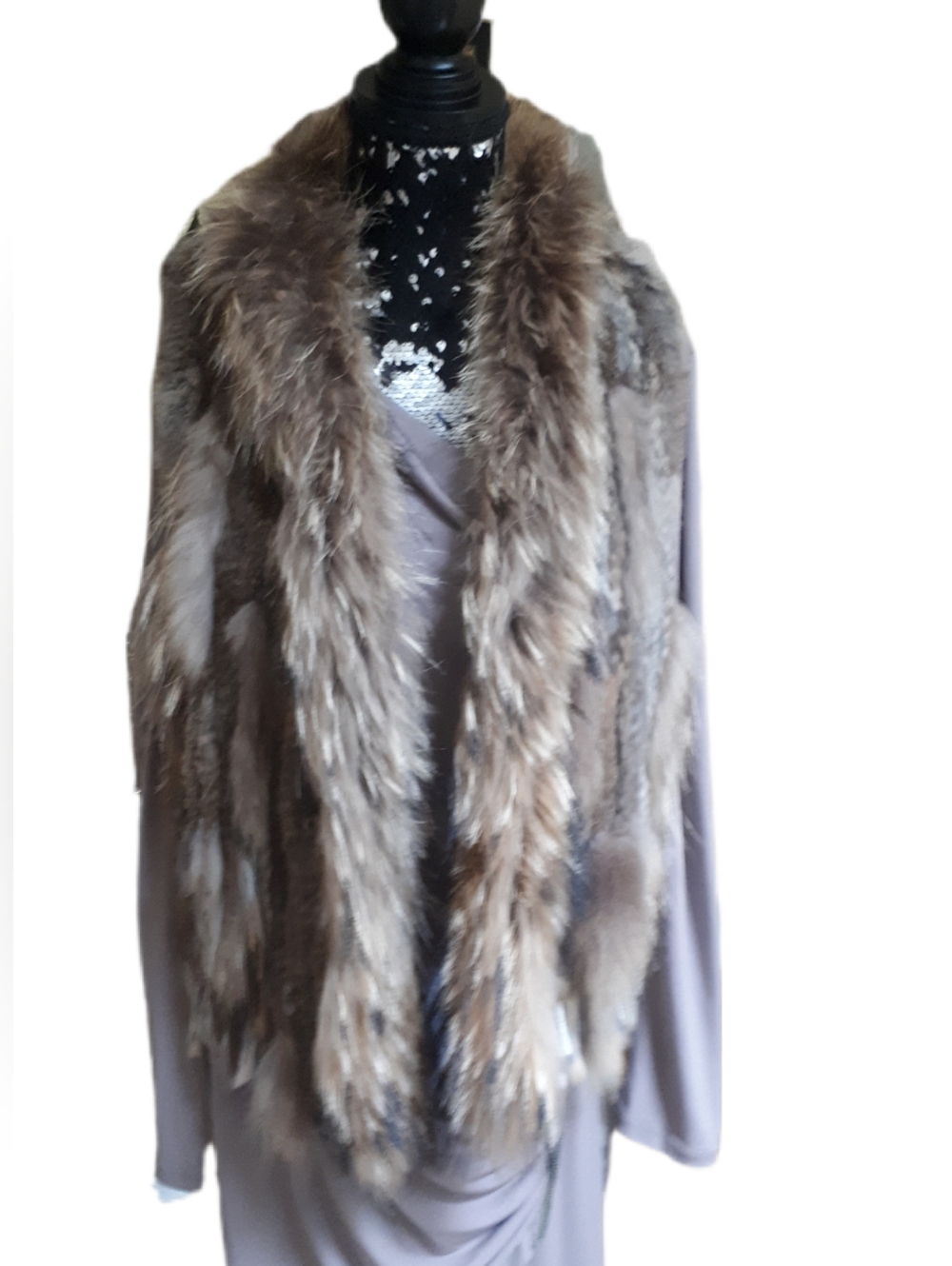 Neutral Taupe Fur Vest With Fur Fringe